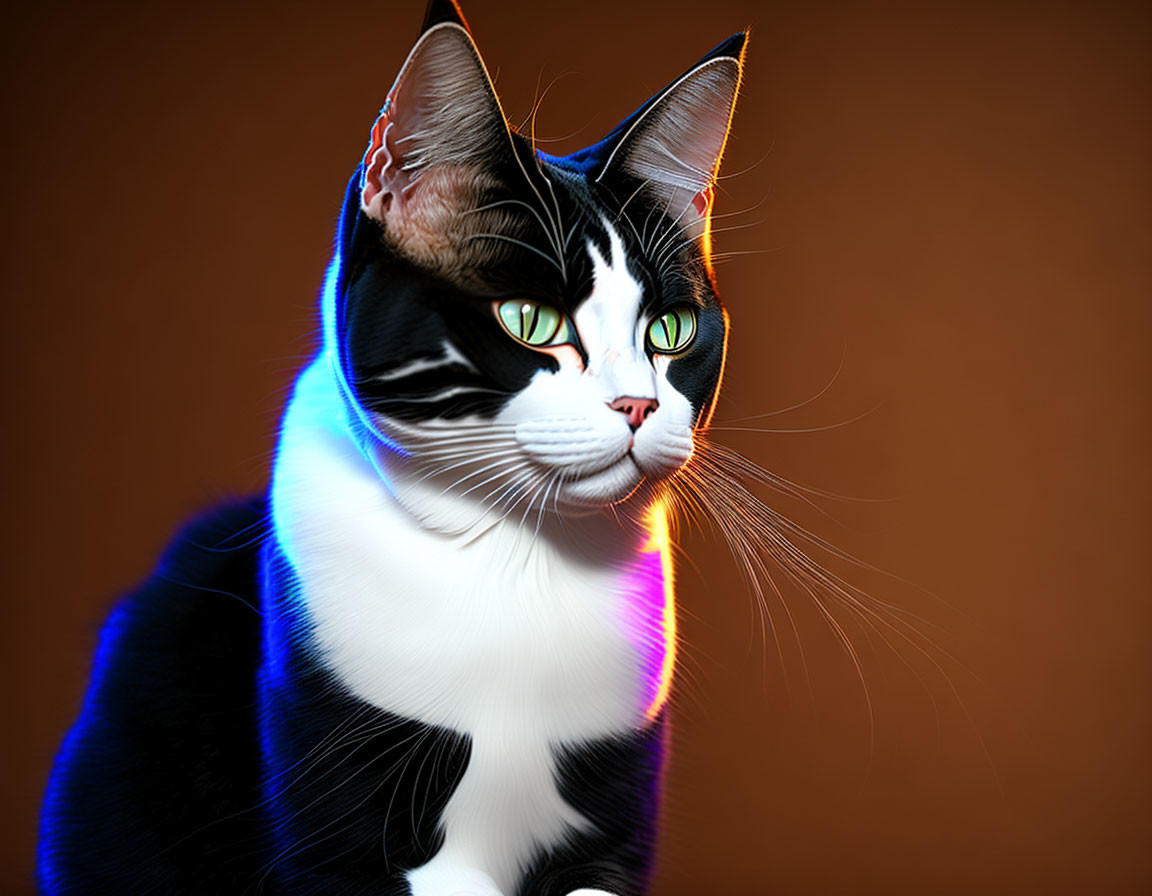 Black and White Cat Digital Artwork with Green Eyes and Neon Accents