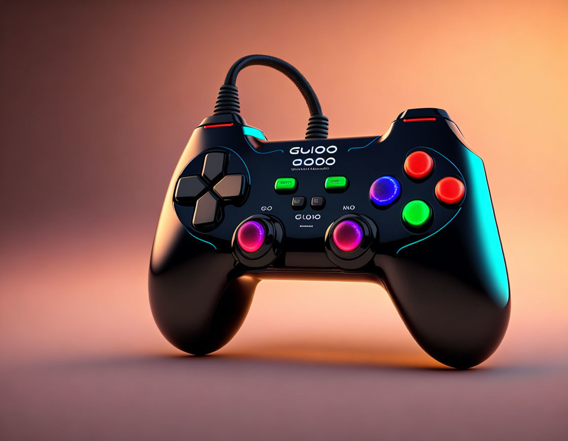 Colorful Game Controller with Illuminated Buttons on Gradient Background