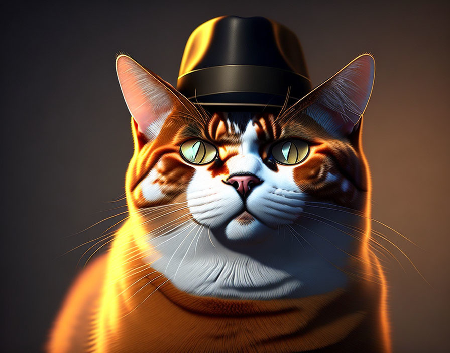 Orange Tabby Cat Digital Artwork with Green Eyes and Top Hat on Dark Background