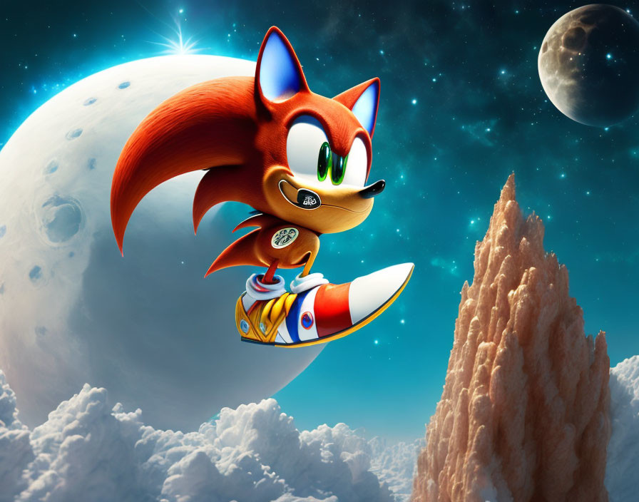 Red Fox-Like Character Skateboarding in Sky Above Clouds with Moon and Planet Background