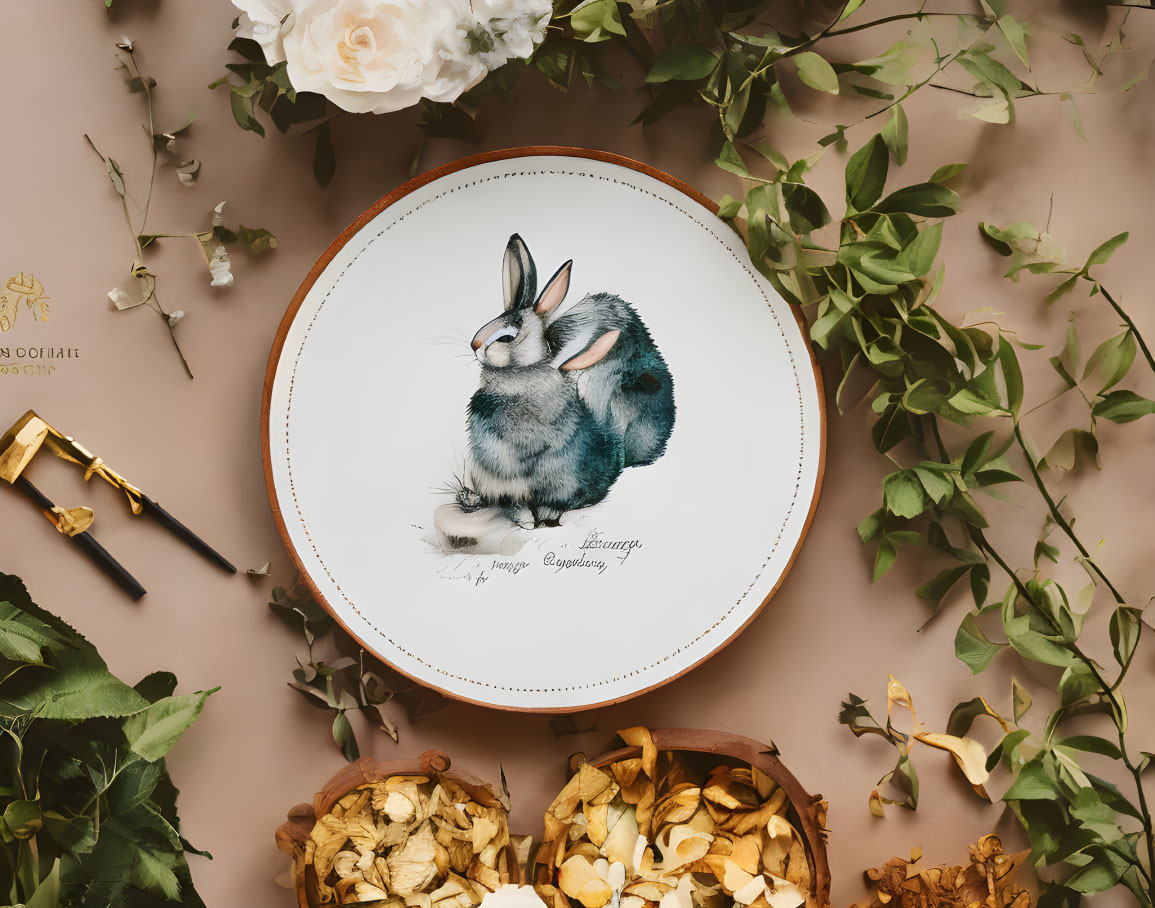 Rabbit illustration surrounded by greenery and flowers on decorative plate