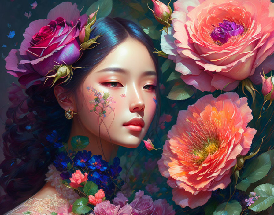 Woman Portrait with Serene Expression Surrounded by Vibrant Roses