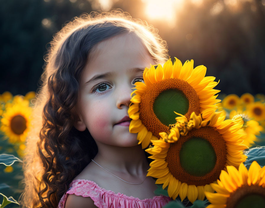 Young girl with curly hair in sunflower field at sunset, holding sunflower close.