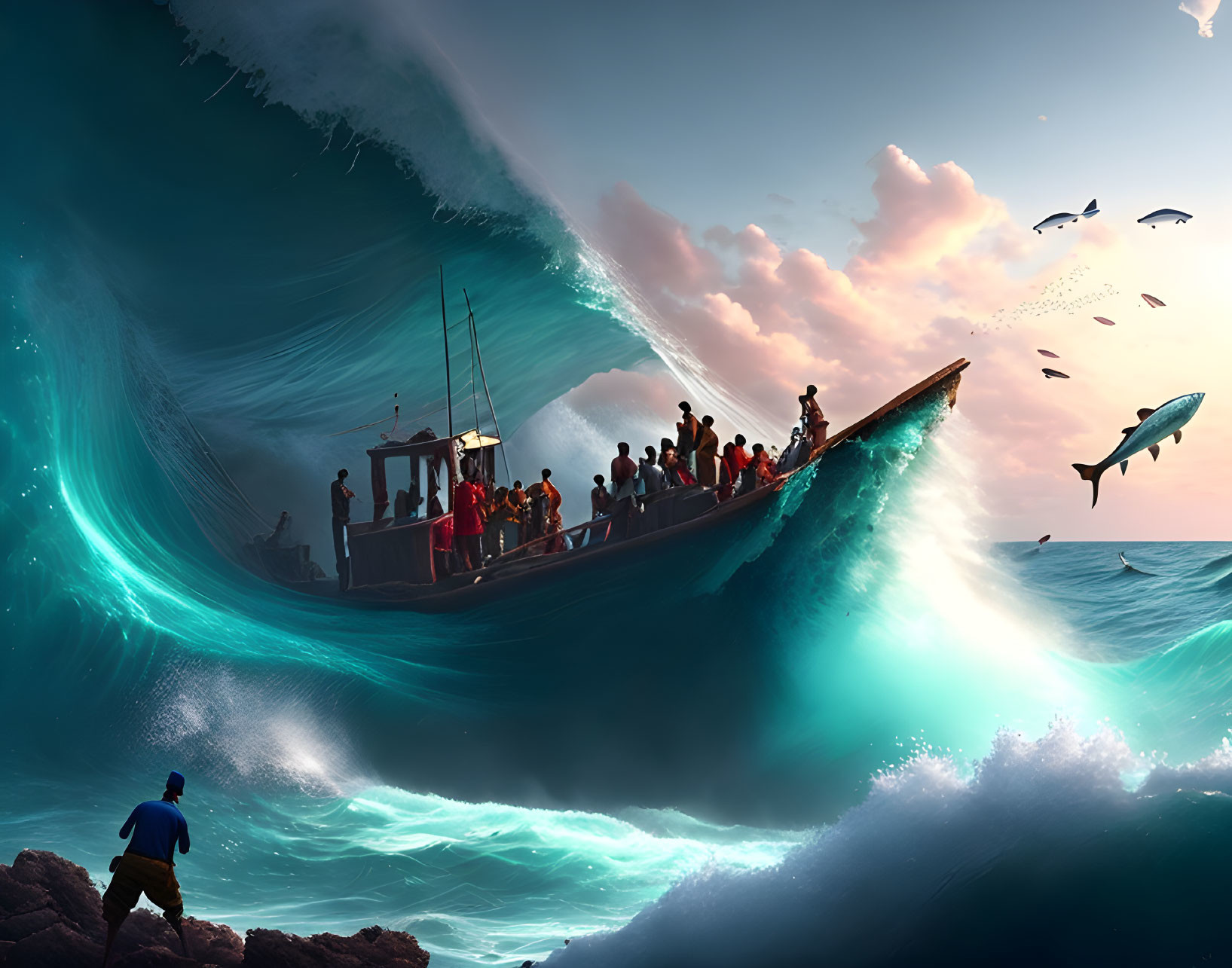 Surreal digital artwork: boat surrounded by wave, flying shark, solitary figure