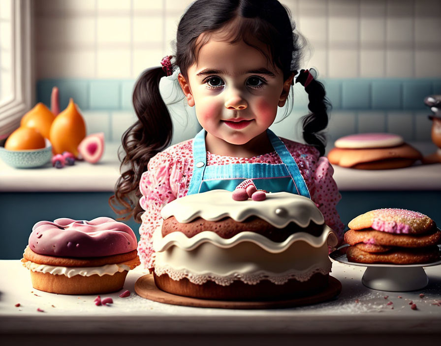 Young girl with pigtails admires desserts in kitchen scene