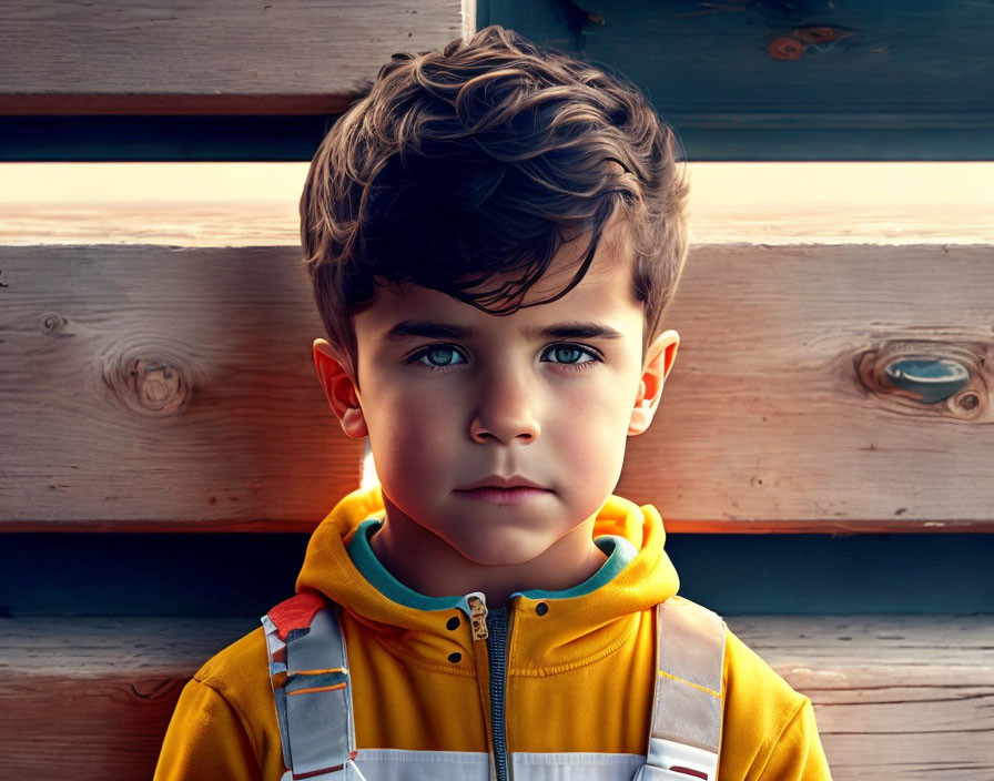 Curly-Haired Boy in Yellow Hoodie and Overalls on Wooden Background