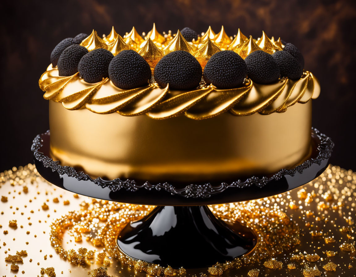 Golden Cake with Blackberries and Gold Leaf on Ornate Stand