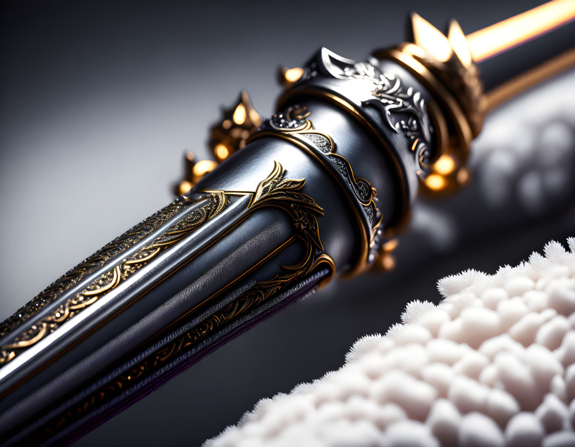 Intricately Decorated Sword Hilt with Gold Details on Black and White Surface