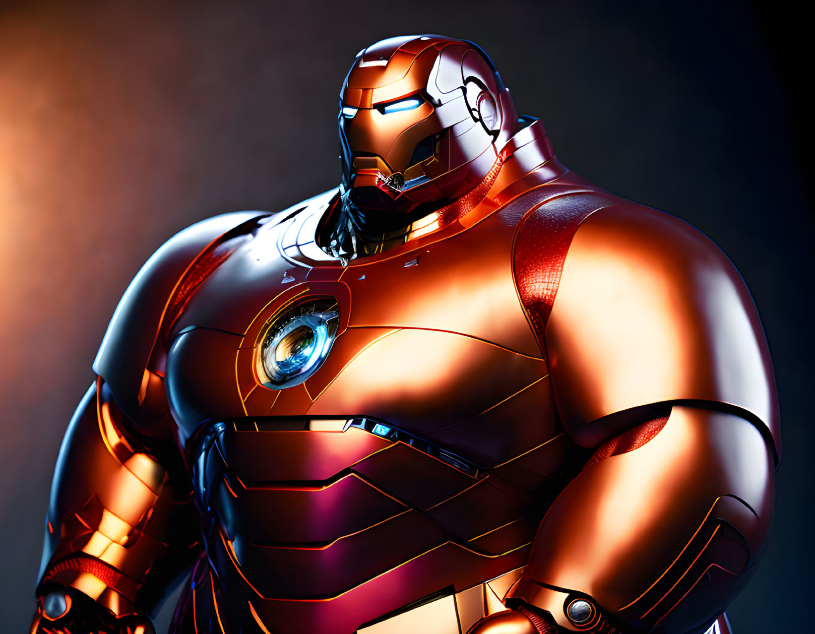 Shiny Red and Gold Iron Man Suit with Glowing Arc Reactor on Dark Background