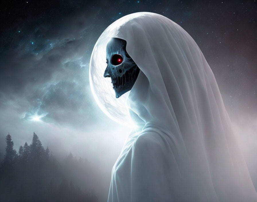 Skull-faced spectral figure in white shroud under night sky