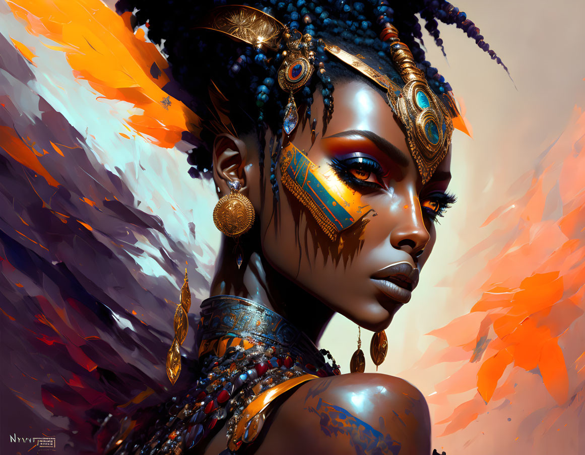 Intricate tribal makeup and jewelry on woman in digital portrait