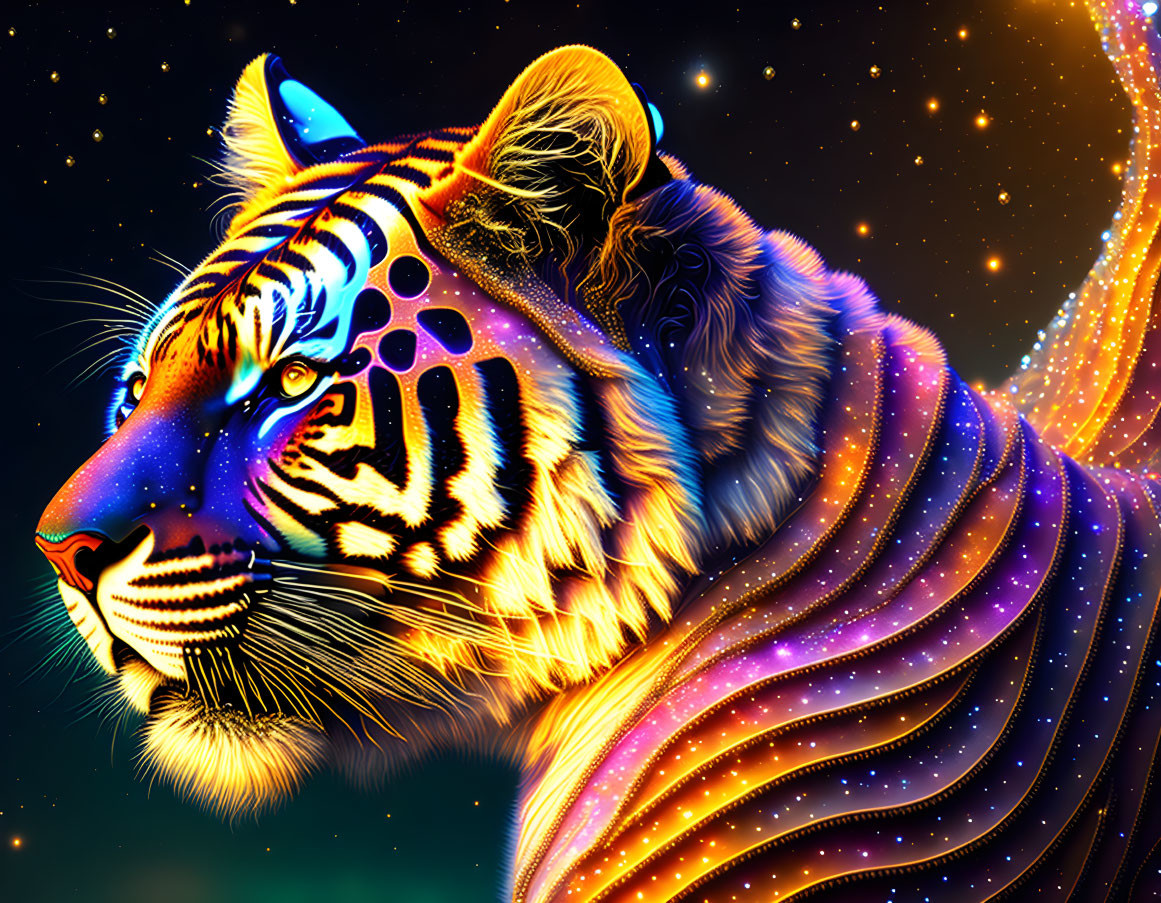 Colorful Tiger Artwork with Neon and Cosmic Themes