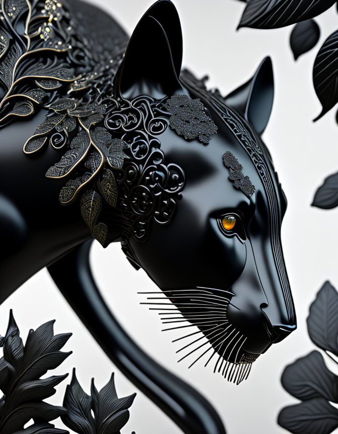 Detailed black cat with gold patterns and yellow eye among stylized leaves