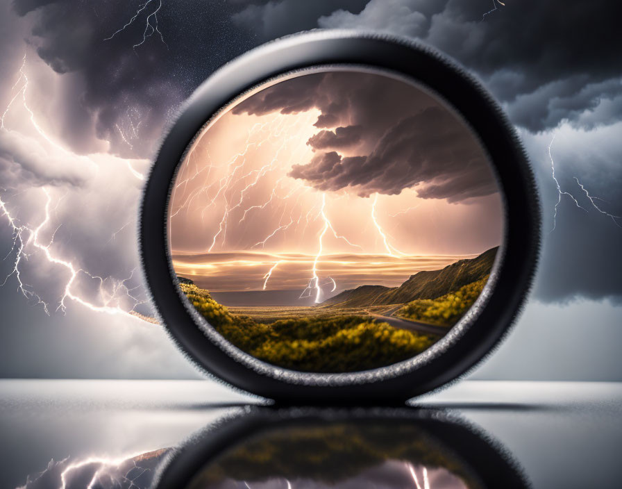 Circular mirror reflecting serene landscape with lightning in stormy sky