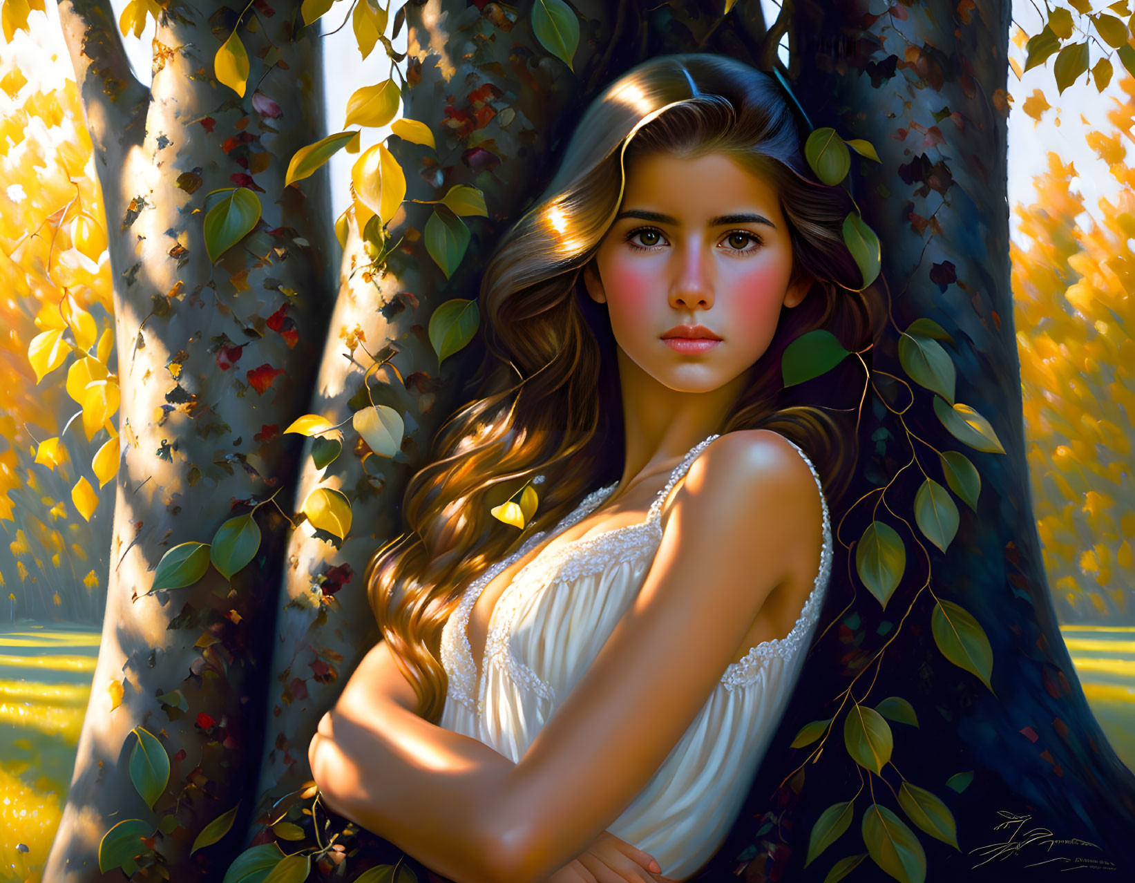 Young woman with long brown hair in white dress in sunlit forest