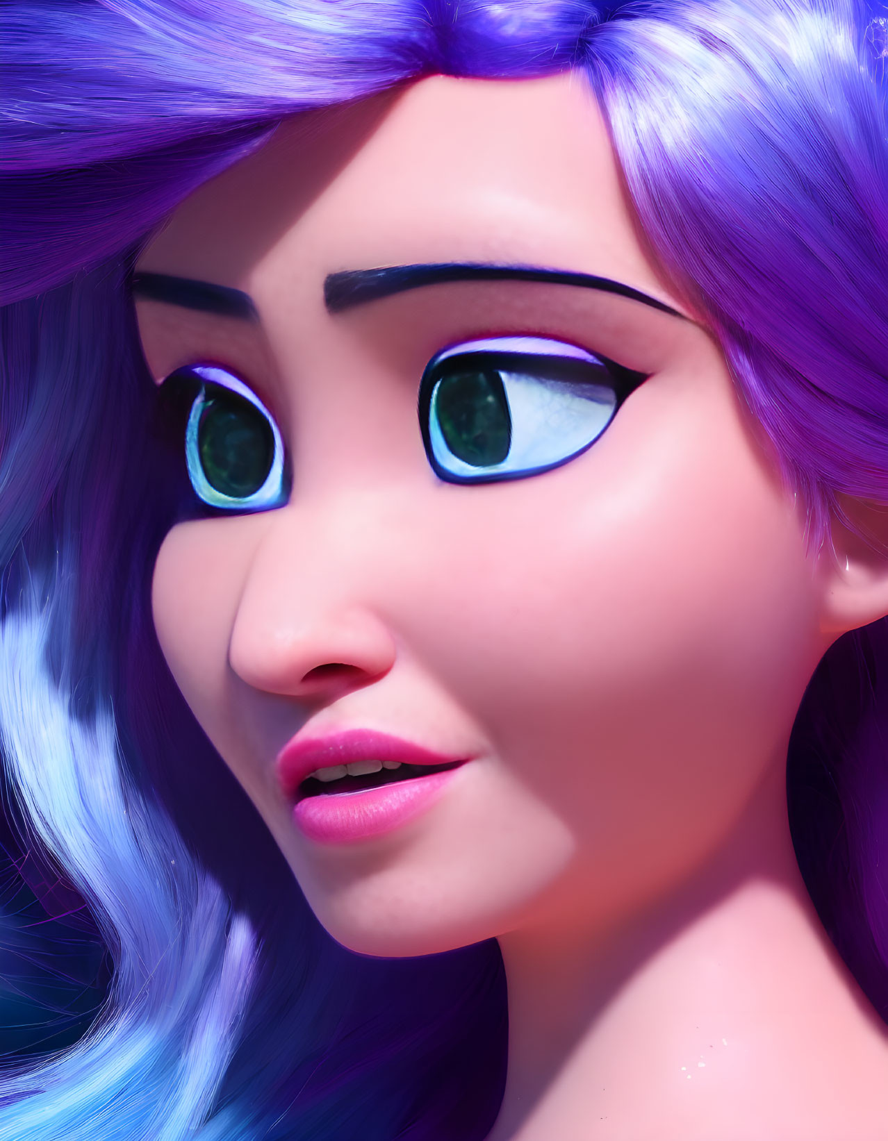 Animated female character with large green eyes and flowing purple hair in a pensive pose