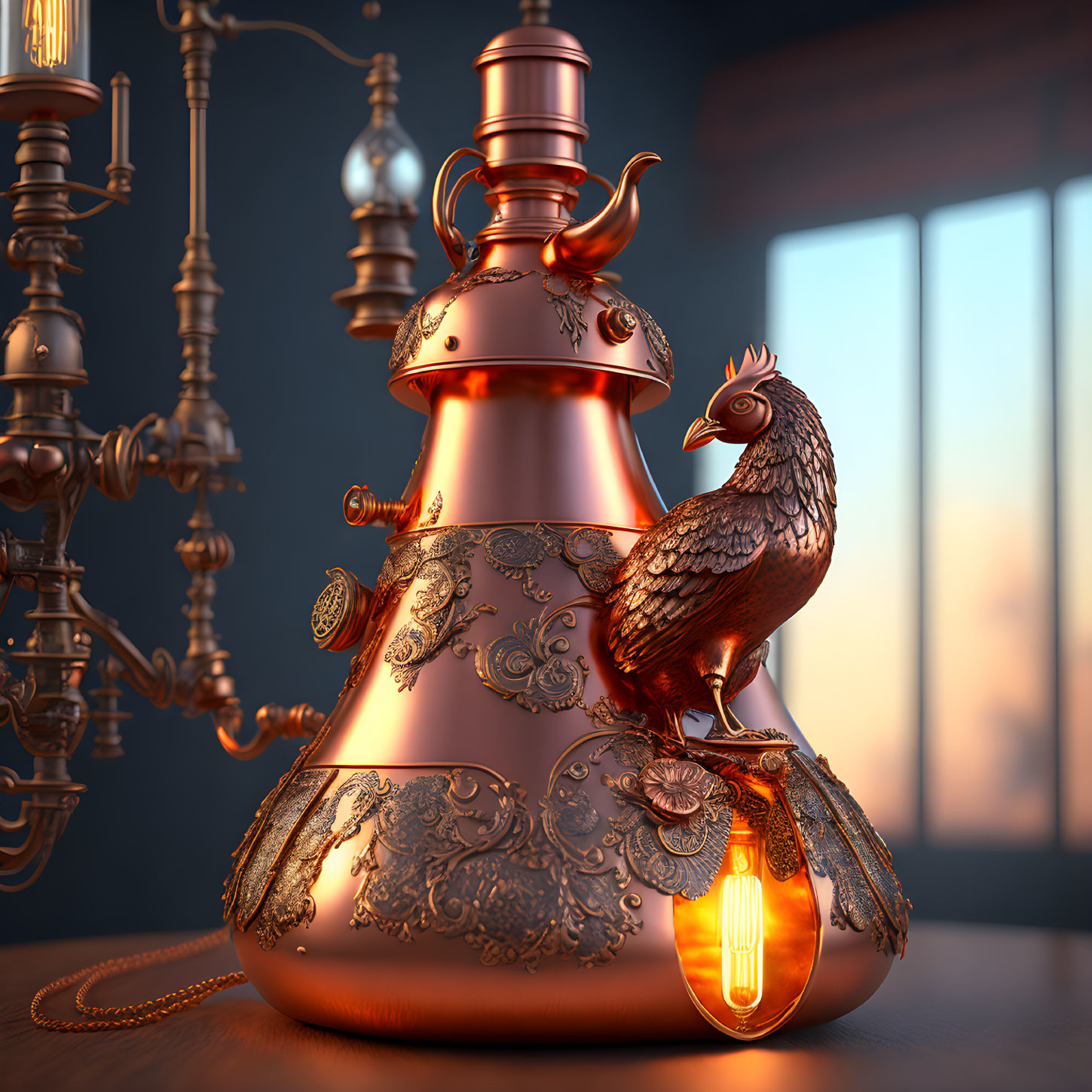 Intricate copper still with rooster design against sunset through window