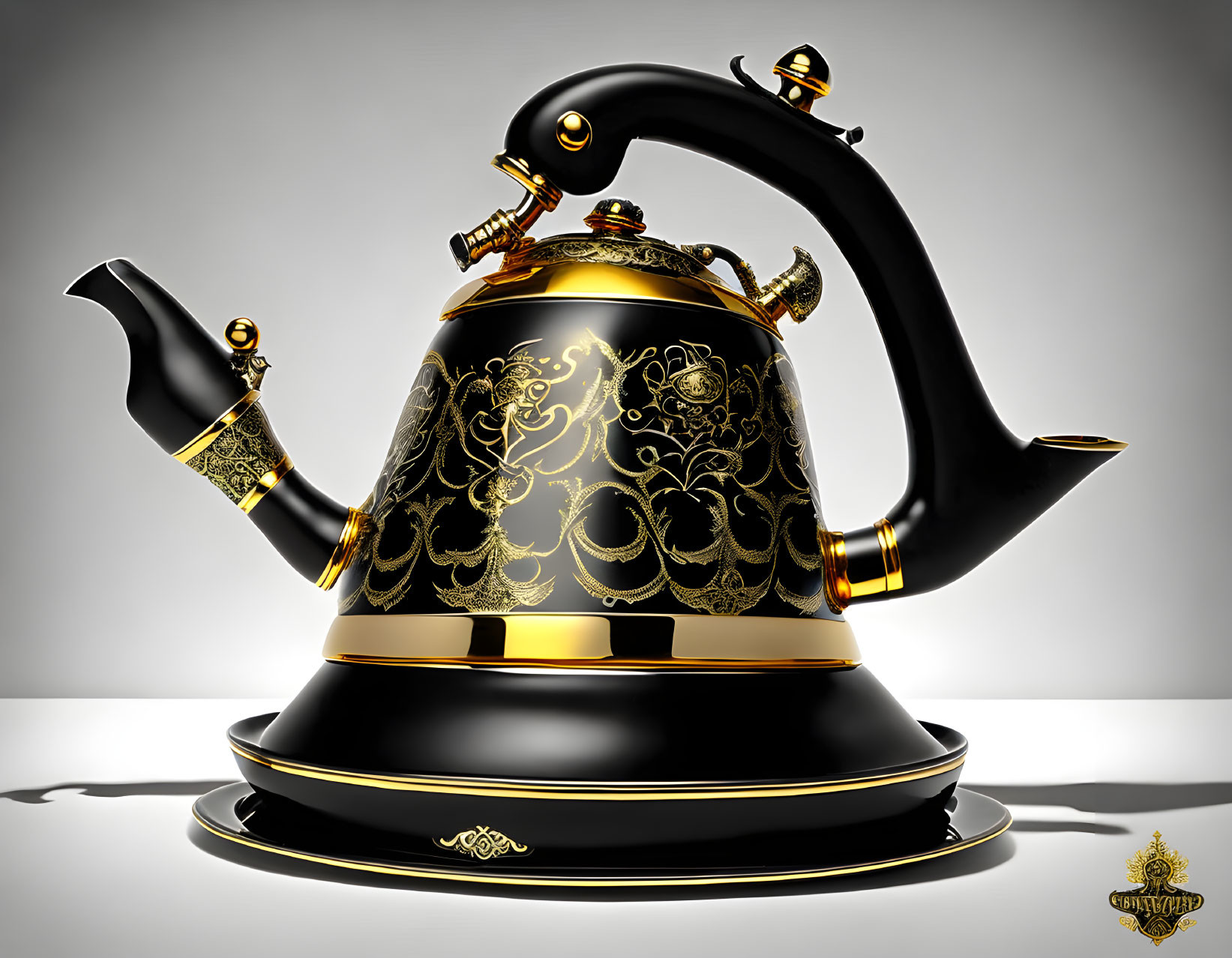 Black Teapot with Golden Accents and Elaborate Patterns on Matching Luxurious Stand