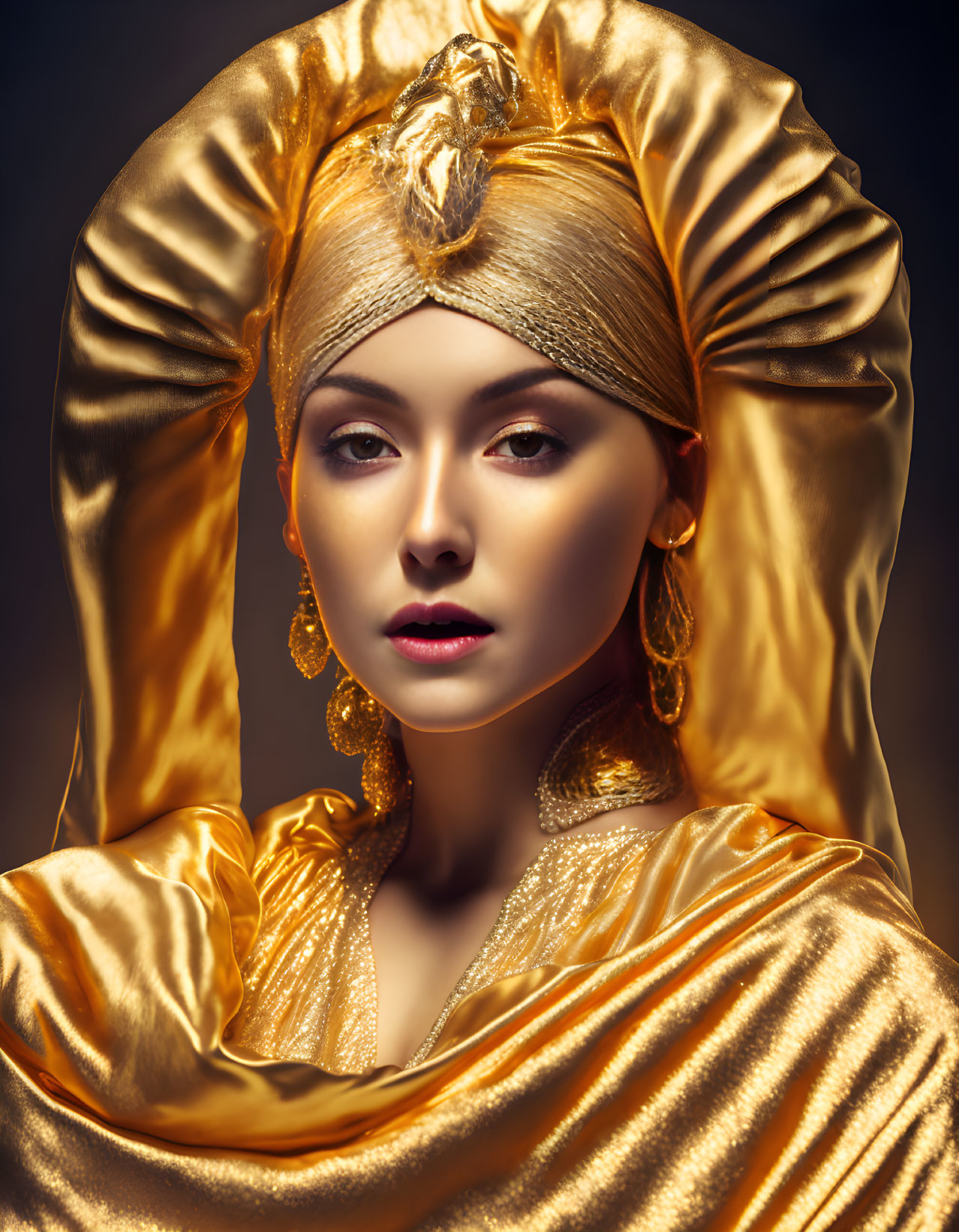 Woman in Golden Headwrap and Attire with Earrings in Dramatic Lighting