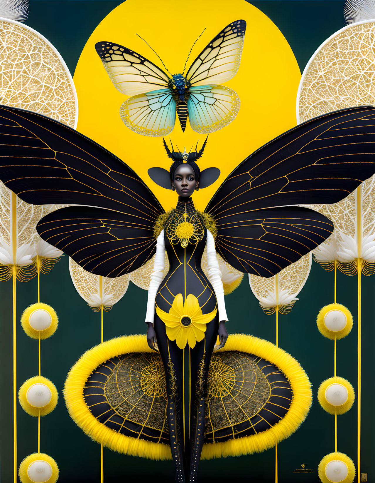 Surreal artwork: woman with butterfly wings on yellow background