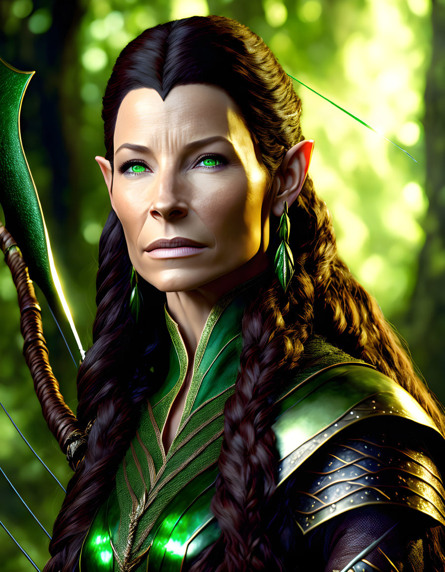 Female Elf Portrait with Green Armor and Bow in Forest Setting