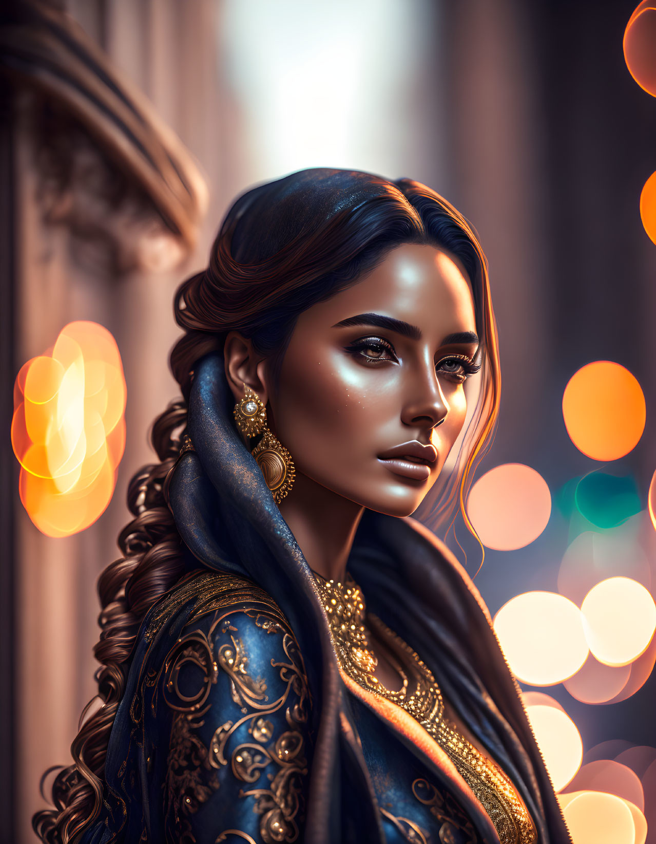 Digital illustration: Woman with glowing skin, gold jewelry, dark embroidered outfit, bokeh lights.