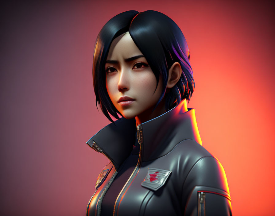 Futuristic female character in black and orange suit with short hair on red background