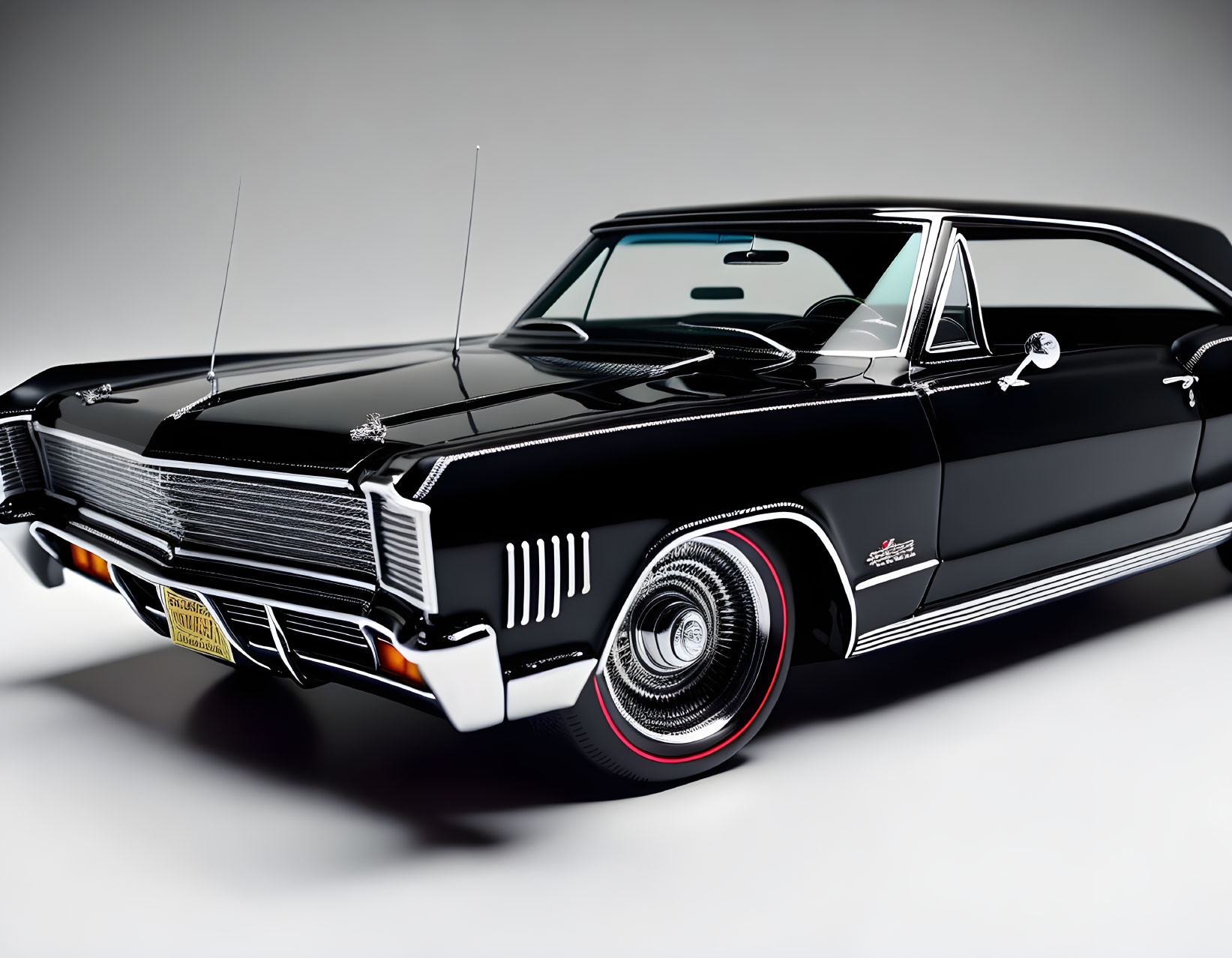 Vintage Black Buick Riviera with Chrome Details and White Stripe Tires in Studio Setting