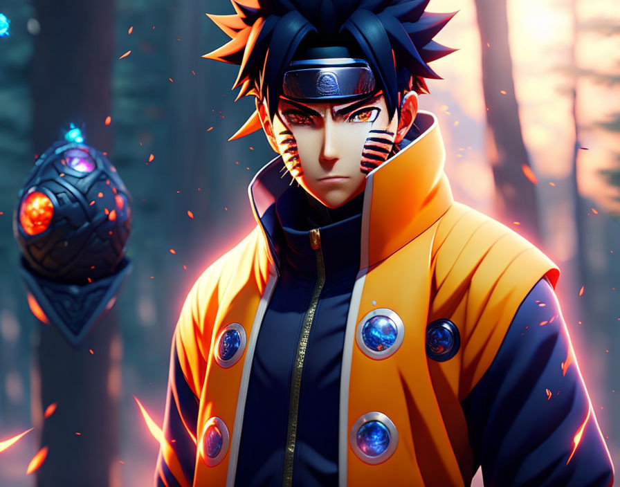 Spiky-haired animated character in orange and black jacket with glowing orb