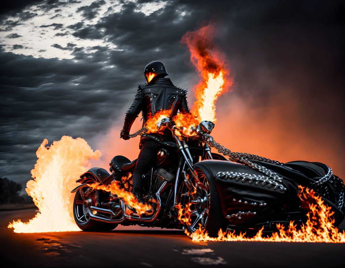 Person in black helmet on flaming motorcycle under dramatic sky