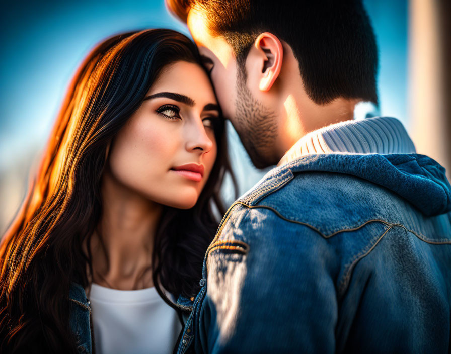 Intense woman gazes at man whispering in warm sunset light