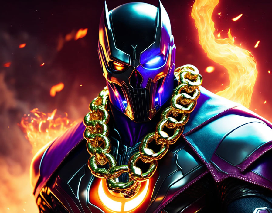 Superhero in black suit with purple accents on fiery backdrop