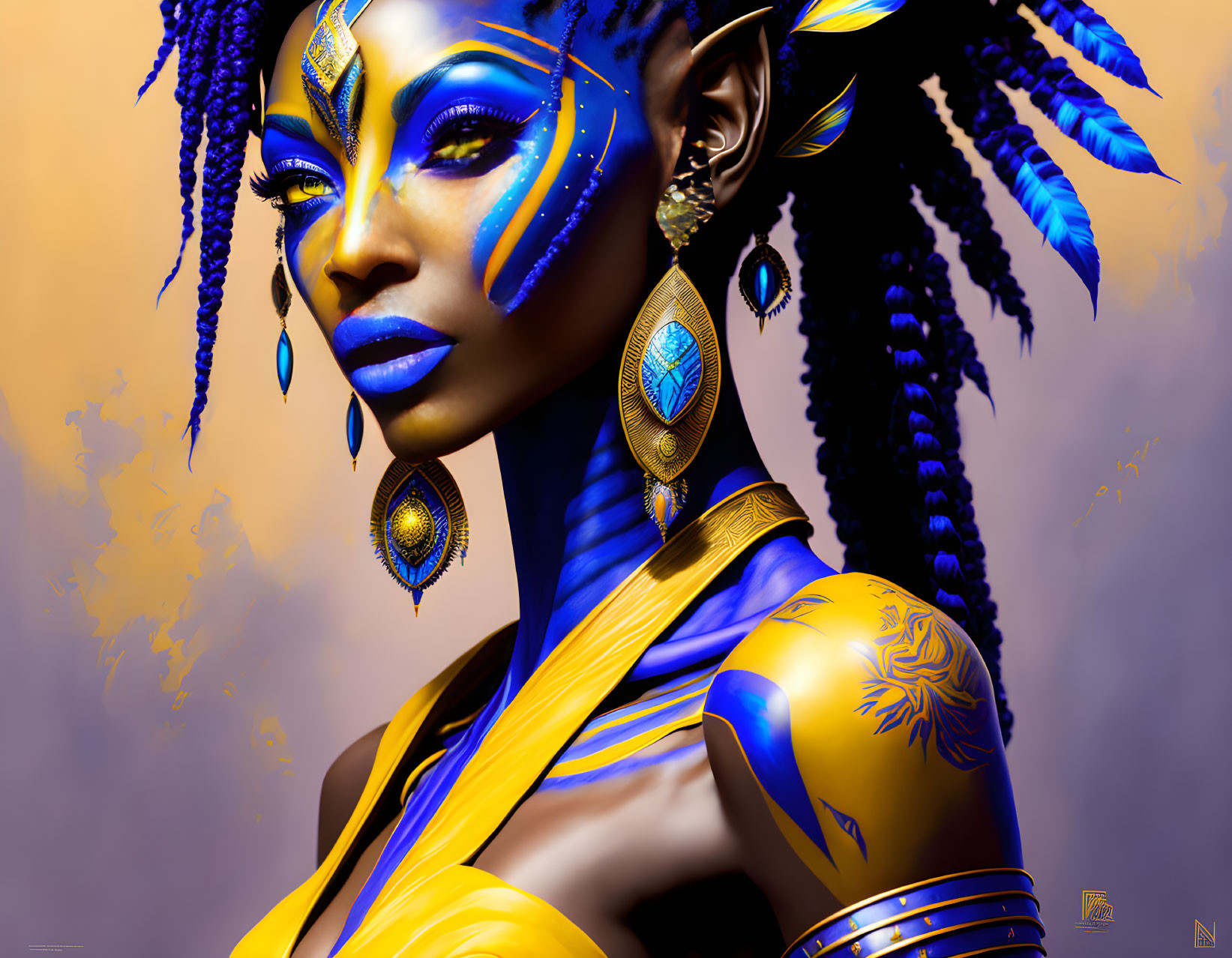 Portrait of a woman with vibrant blue and gold body art and elaborate braided hair