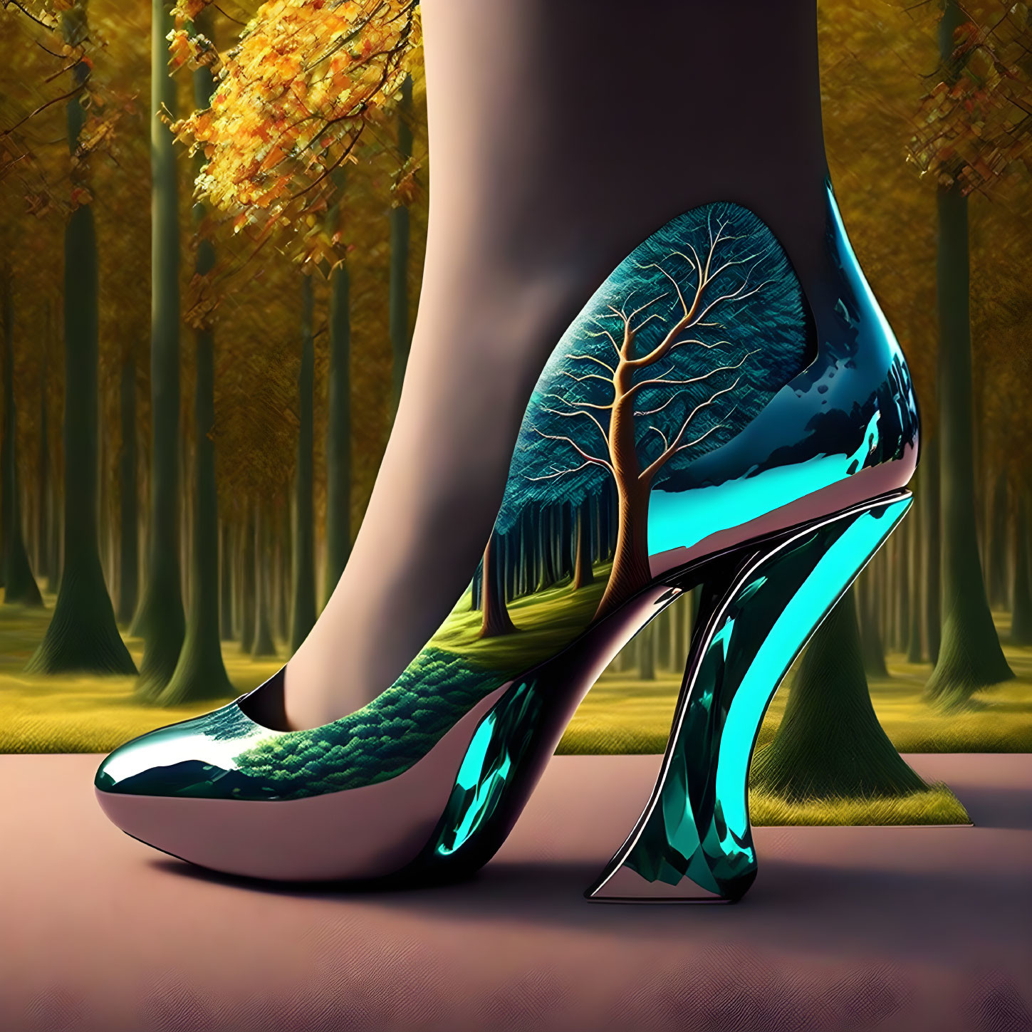 Surreal high heel shoe with autumn tree design on shiny surface