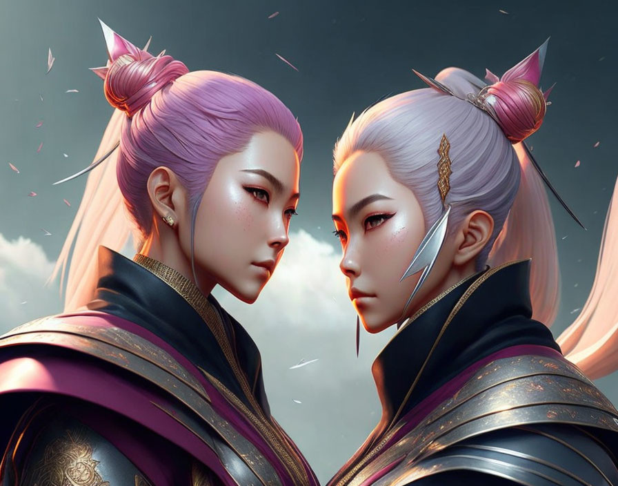 Stylized animated female characters with intricate hairstyles and traditional armor against dramatic cloudy sky.