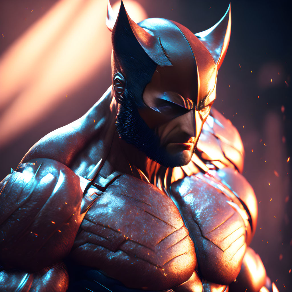 Muscular superhero in cowl with pointed ears under dramatic lighting