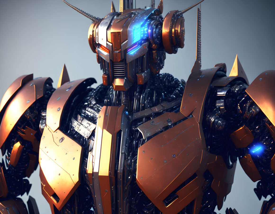 Detailed Close-Up of Futuristic Robotic Figure with Orange Armor and Blue Glowing Elements