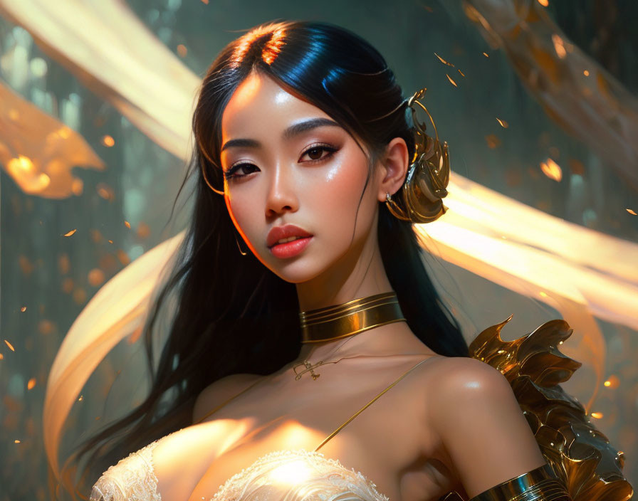 Asian woman in golden armor and white dress with glowing light and yellow streaks