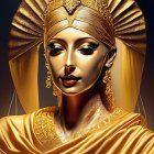 Woman in Golden Headwrap and Attire with Earrings in Dramatic Lighting