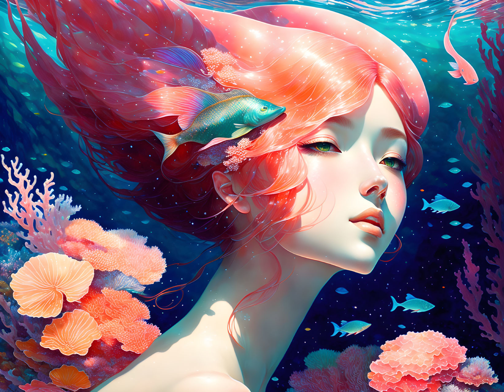 Underwater artwork: Woman with flowing hair surrounded by marine life