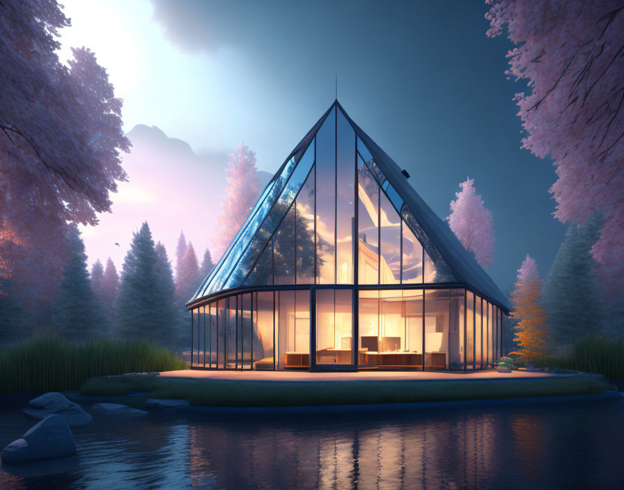 Glass house in tranquil forest setting at dusk