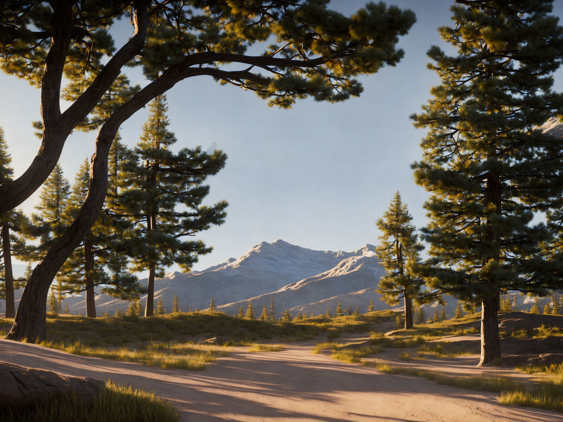 Tranquil landscape with dirt road, pine trees, and mountain range