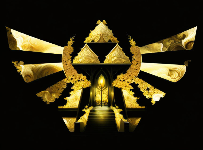 Symmetrical golden fractal art of temple-like structure on black background