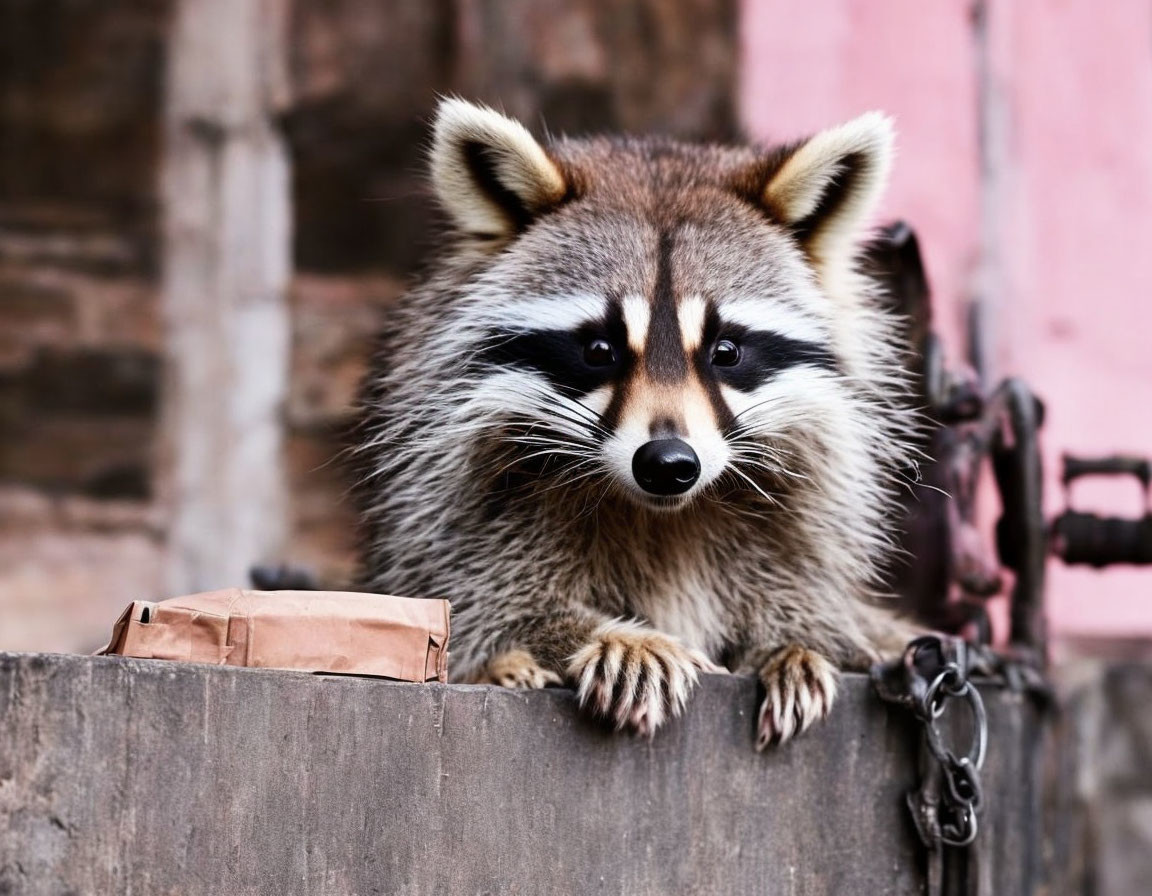 Curious raccoon peeking over wooden ledge with rusty chain and pinkish walls