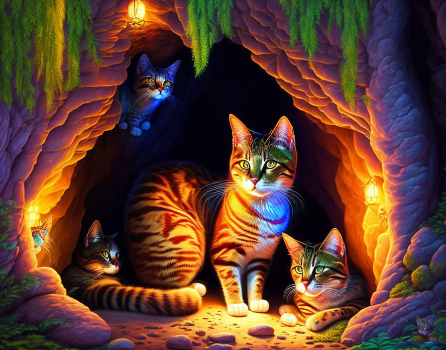 Four cats with unique patterns in colorful cave with soft glow