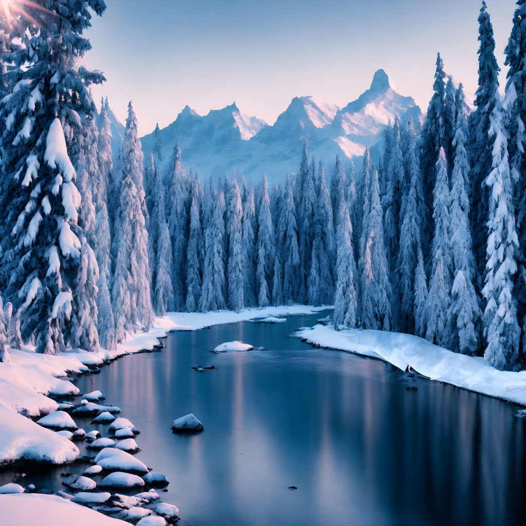 Snow-covered trees and river in serene winter mountain landscape