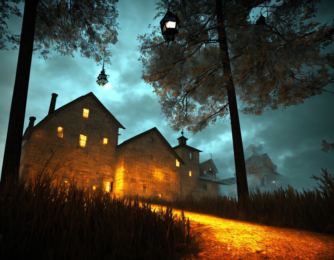 Spooky old house at night with glowing windows, dark trees, misty backdrop, yellow night sky