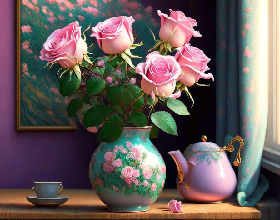 Pink roses, teapot, cup, and floral painting in still life composition.