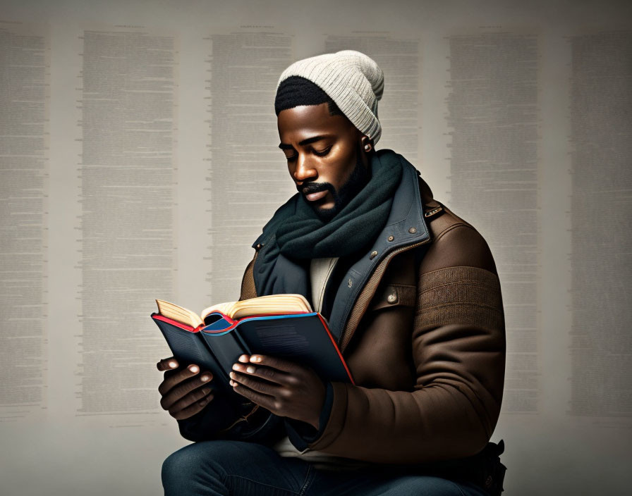 Man in Beanie and Scarf Reading Book Against Newspaper Columns