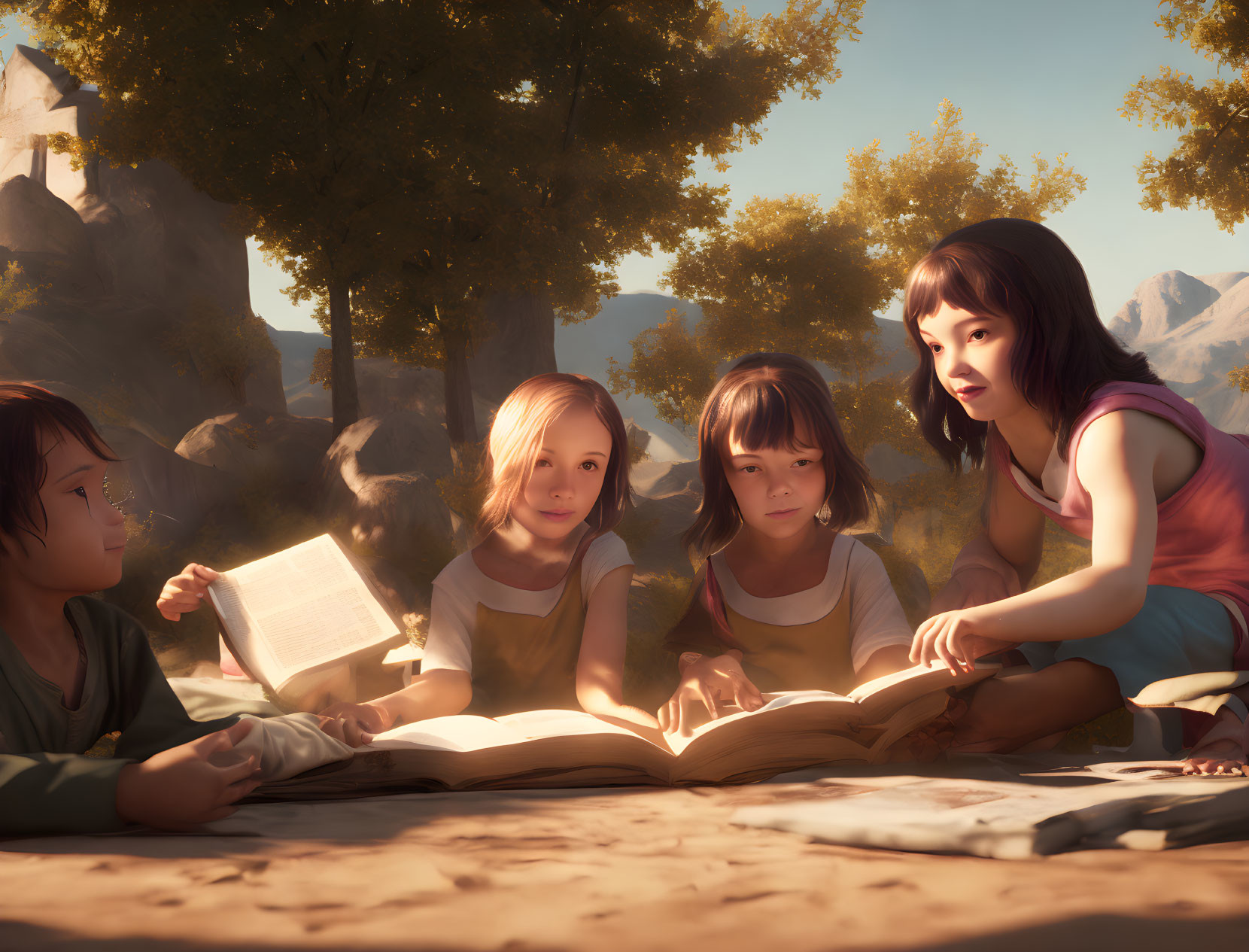 Children reading books outdoors with trees and mountains.